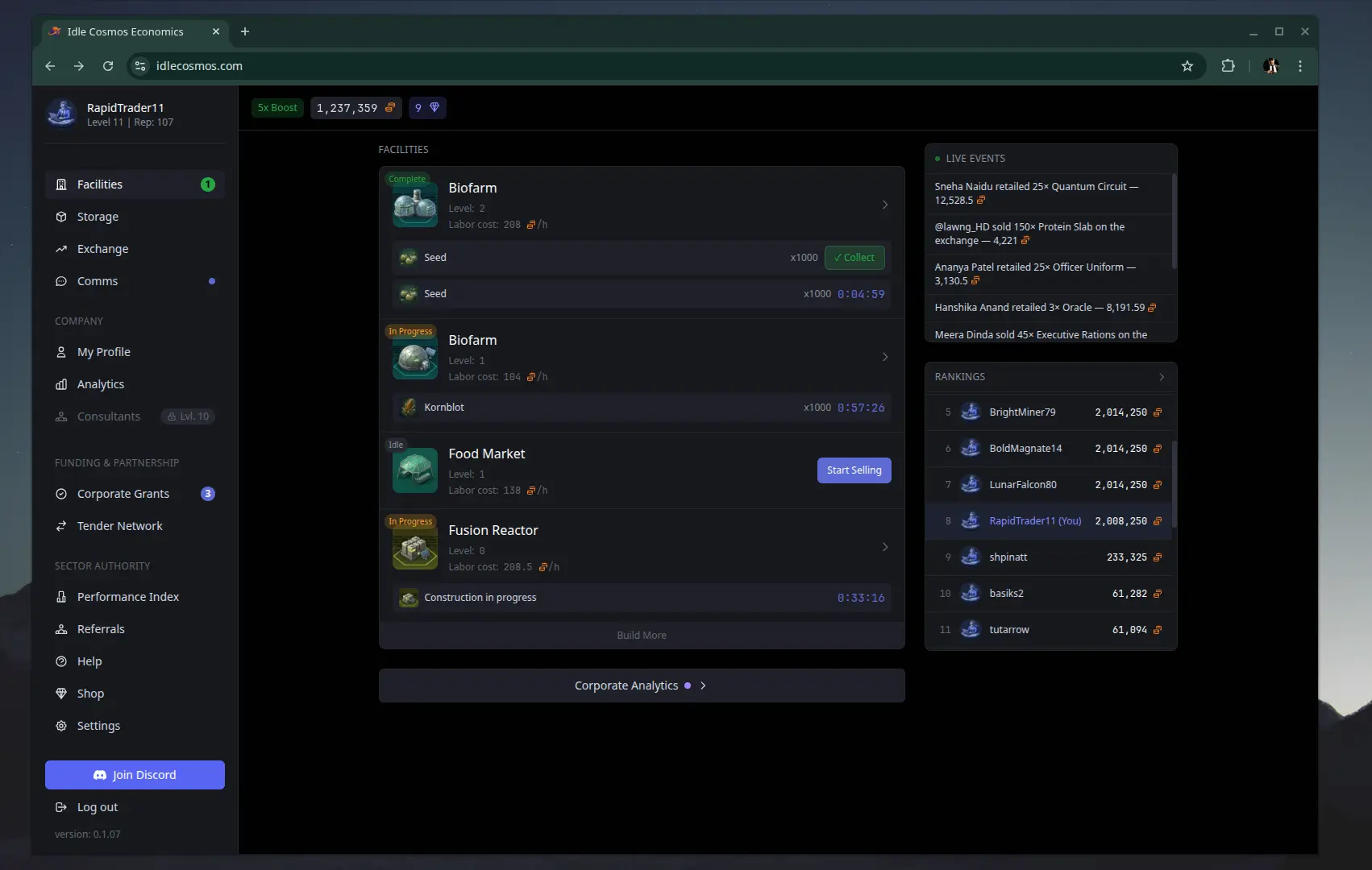 Idle Cosmos Economics colony overview showing facility grid, production queue, and storage